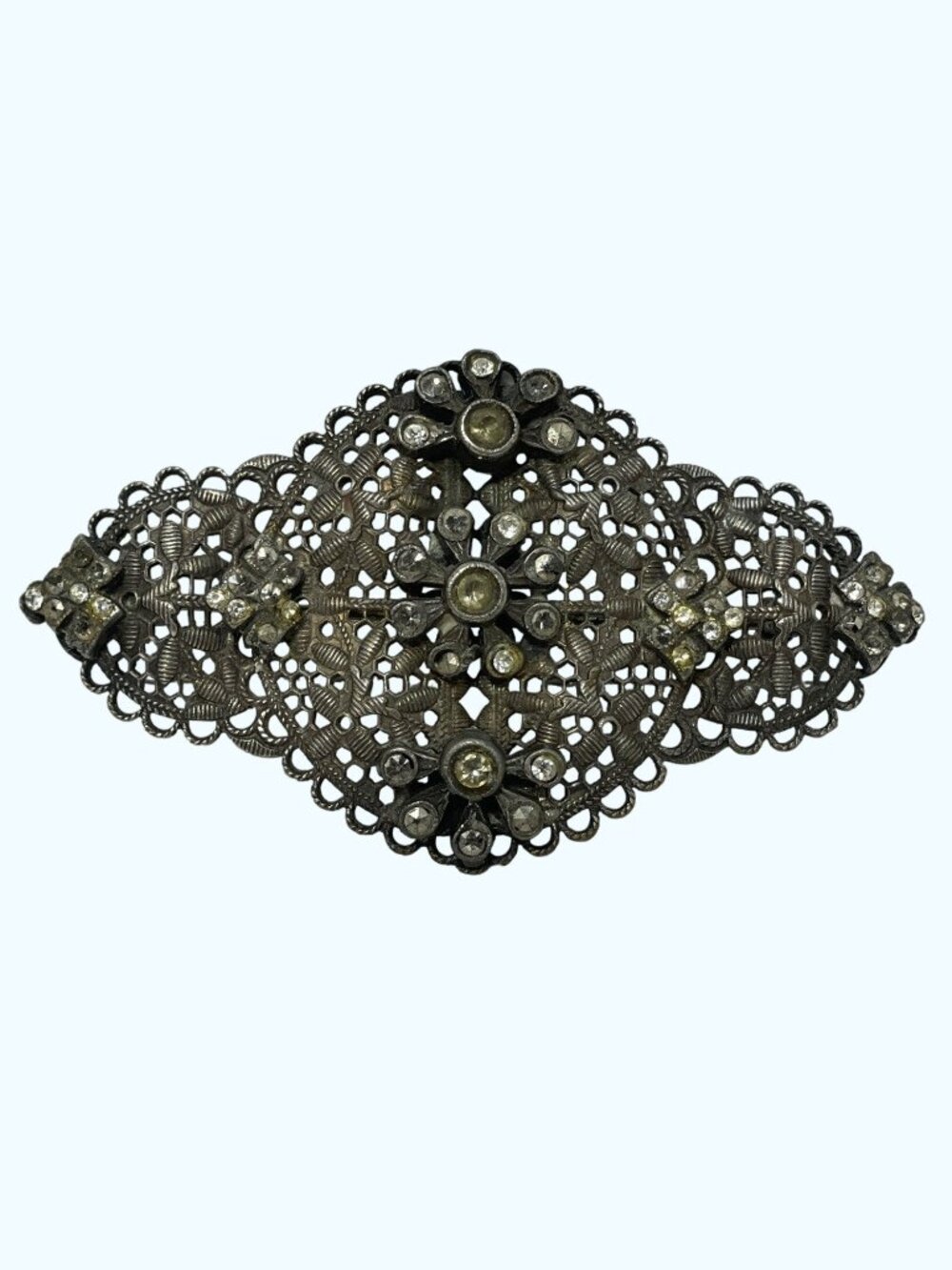 Marcasite Art Deco FiligreeBrooch w/ Rhinestones 3” x 1.5 Metal